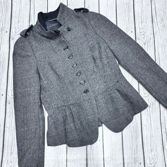 Zara Wool Blend Peplum Herringbone Military Blazer Jacket in Grey Size Medium - Picture 1 of 4